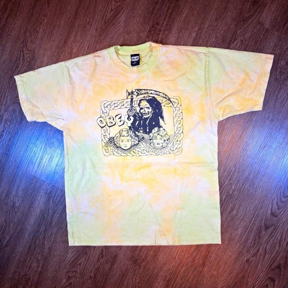 OBEY Men's Grim Reaper Skull Graphic Tee Crew Neck Short Sleeve Yellow M